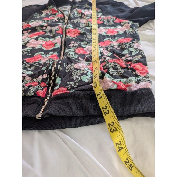 Kendall & Kylie Bomber Jacket Womens S Black Pink Floral Zip Crop Skater Hipster - Picture 14 of 14
